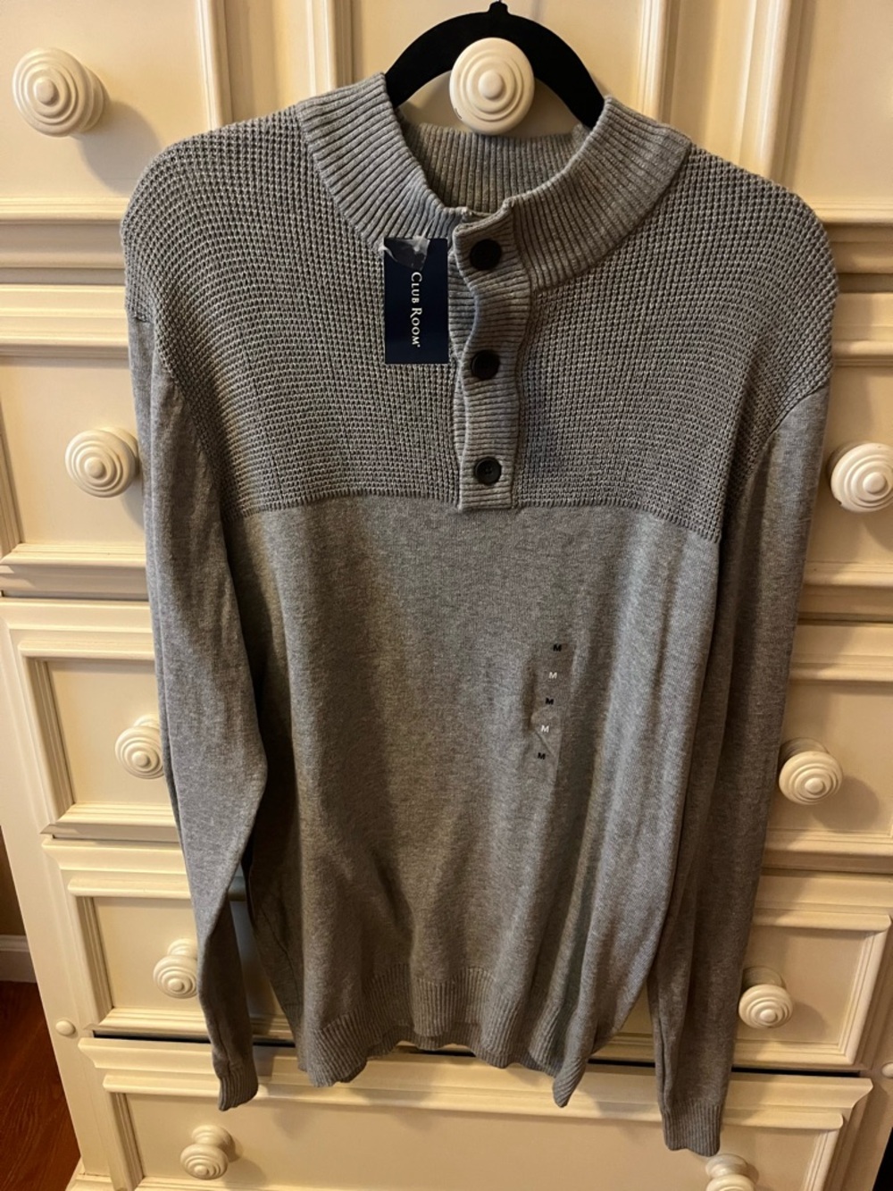 Club Room Men's Light Gray Textured Henley Crewneck Sweater